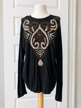 Vintage Greenlight Black Heavily Beaded Sequin Long Sleeve Top Y2K Statement Top